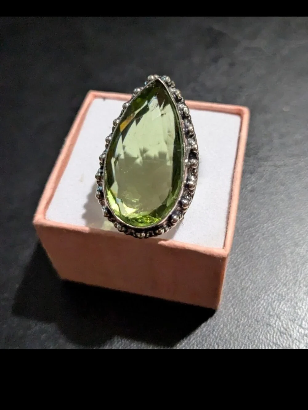 Handcrafted Green Amethyst Oversized Faceted Teardrop Ring  (7)